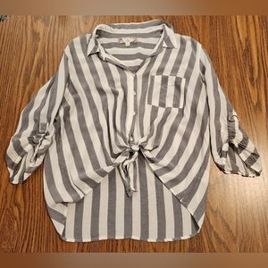 Pink Rose Striped Cropped Front Tie Button Down Shirt